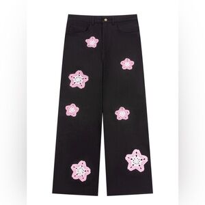 Arkyve Pink Star Crochet Denim Black Jeans